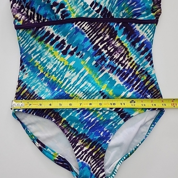 Speedo One Piece Swimsuit Multi Blue Teal  Trim V-Neck Adjustable Straps Size 8 - Picture 11 of 14